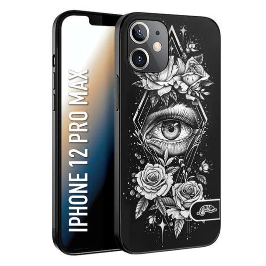 CUSTOMIZZA - Custodia cover nera morbida in tpu compatibile per iPhone 12 PRO MAX occhio fiori rombo geometrico black and white bianco a rilievo disegnato tattoo tatuaggio