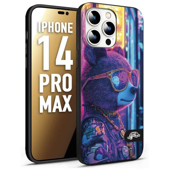 CUSTOMIZZA - Custodia cover nera morbida in tpu compatibile per iPhone 14 PRO MAX animali cyberpunk orsetto orso street bear fucsia blu night
