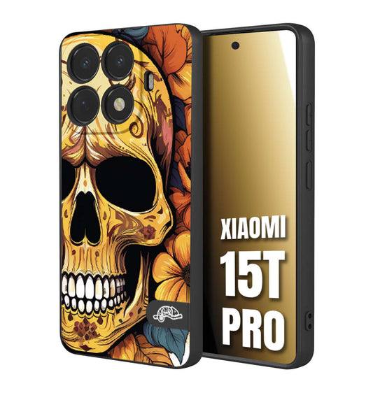 CUSTOMIZZA - Custodia cover nera morbida in tpu compatibile per Xiaomi 15T PRO teschio messicano colorato dorato fiori autunnali disegnato