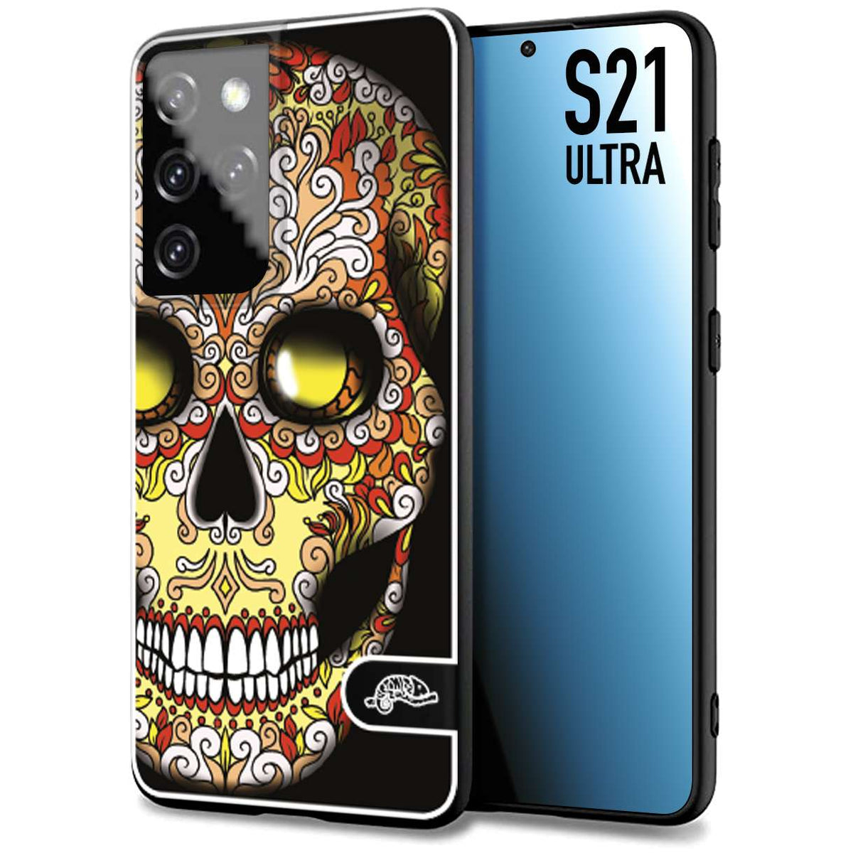CUSTOMIZZA - Custodia cover nera morbida in tpu compatibile per Samsung S21 ULTRA teschio messicano Mexican skull giallo rosso arancio
