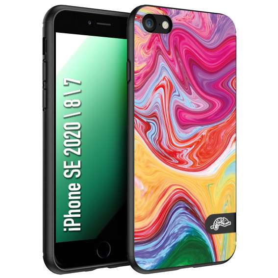 CUSTOMIZZA - Custodia cover nera morbida in tpu compatibile per iPhone 7 - 8 - SE 2020 / 2022 colorata fantasia vortice marmo onde verde fucsia gialla