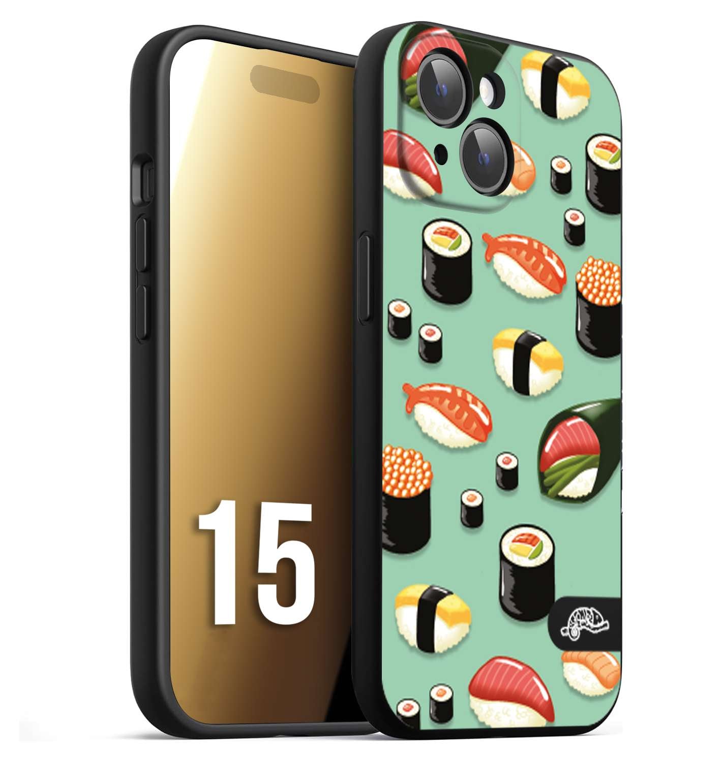 CUSTOMIZZA - Custodia cover nera morbida in tpu compatibile per iPhone 15 sushi disegni giapponese nighiri acquamarina verde