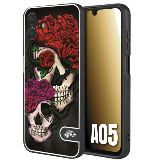 CUSTOMIZZA - Custodia cover nera morbida in tpu compatibile per Samsung A05 teschi e rose rosse fucsia skull and roses