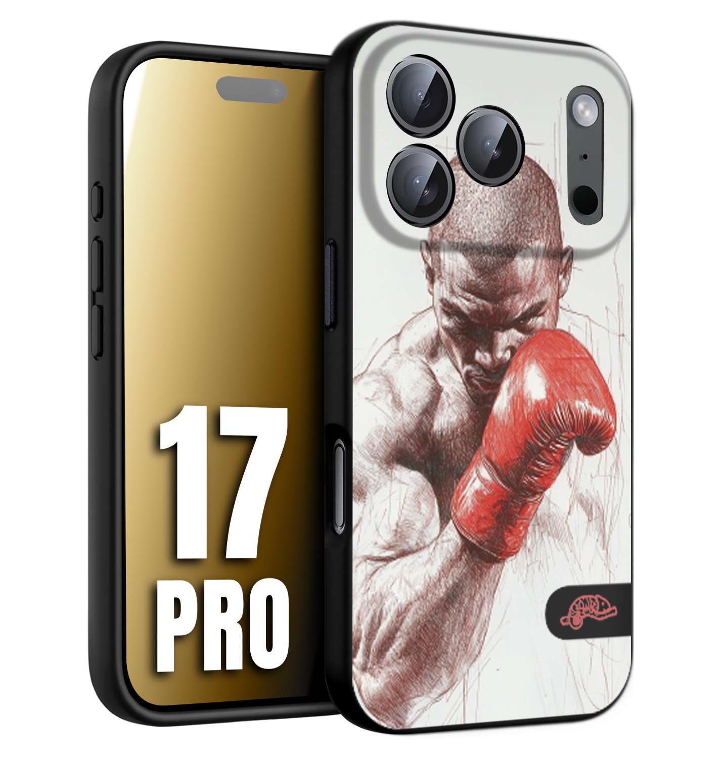 CUSTOMIZZA - Custodia cover nera morbida in tpu compatibile per iPhone 17 PRO pugilato pugili disegno tattoo guantoni box sport primo piano
