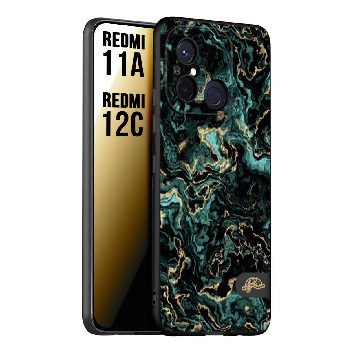 CUSTOMIZZA - Custodia cover nera morbida in tpu compatibile per Xiaomi Redmi 11A - 12C effetto marmo marble verde green venature dorato pietra