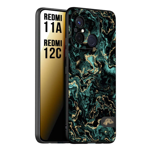 CUSTOMIZZA - Custodia cover nera morbida in tpu compatibile per Xiaomi Redmi 11A - 12C effetto marmo marble verde green venature dorato pietra