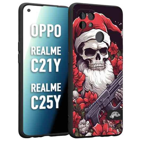 CUSTOMIZZA - Custodia cover nera morbida in tpu compatibile per Oppo Realme C21Y - C25Y teschio natale santa claus fiori tattoo disegnato