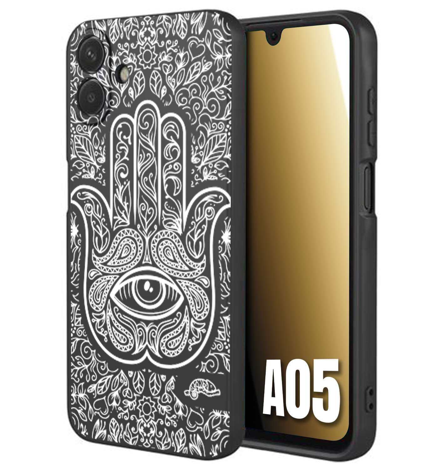CUSTOMIZZA - Custodia cover nera morbida in tpu compatibile per Samsung A05 mano di fatima effetto rilievo mandala donna