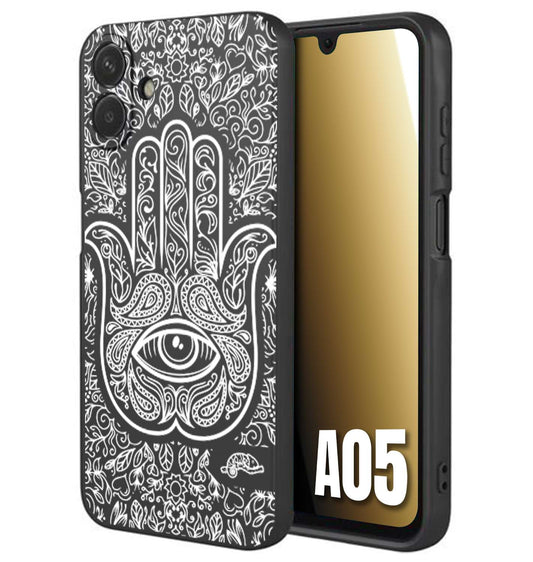 CUSTOMIZZA - Custodia cover nera morbida in tpu compatibile per Samsung A05 mano di fatima effetto rilievo mandala donna