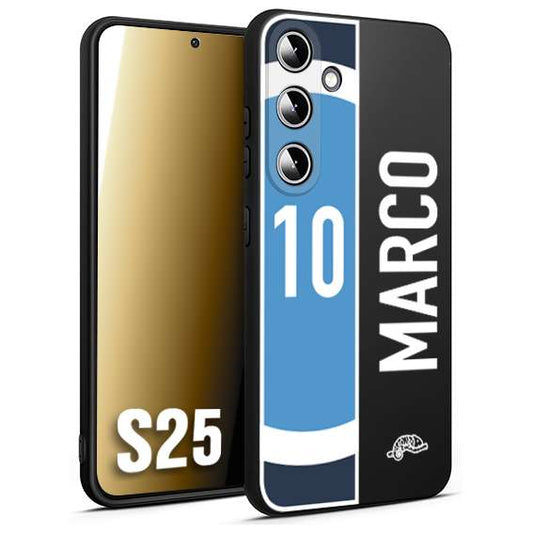 CUSTOMIZZA - Custodia cover nera morbida in tpu compatibile per Samsung S25 personalizzata calcio football nome e numero calciatori biancoazzurri bianco celesti
