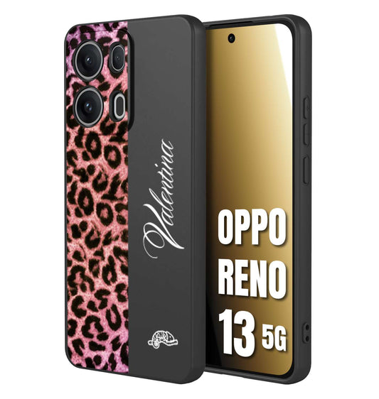 CUSTOMIZZA - Custodia cover nera morbida in tpu compatibile per Oppo Reno 13 5G leopardato rosa fucsia personalizzata nome iniziali