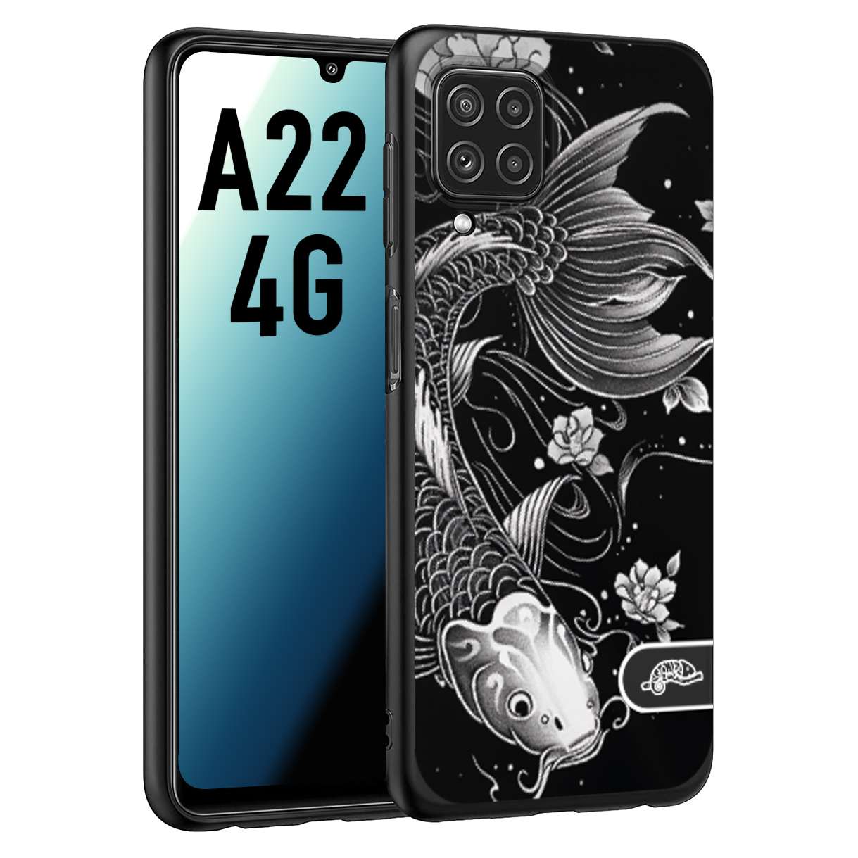 CUSTOMIZZA - Custodia cover nera morbida in tpu compatibile per Samsung A22 4G carpa koi black and white bianco a rilievo disegnato tattoo tatuaggio