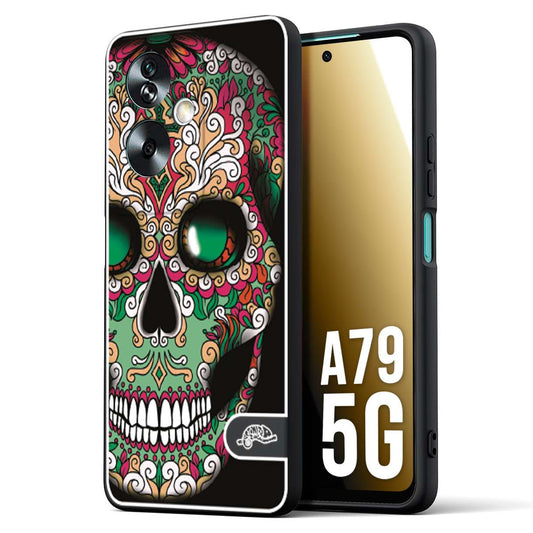 CUSTOMIZZA - Custodia cover nera morbida in tpu compatibile per Oppo A79 5G teschio messicano Mexican skull verde fucsia
