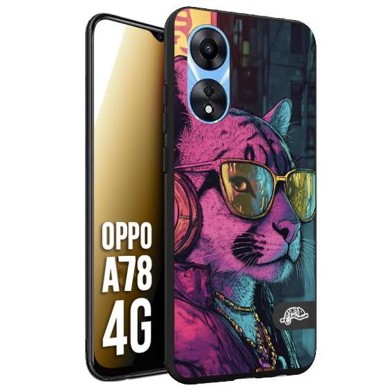 CUSTOMIZZA - Custodia cover nera morbida in tpu compatibile per Oppo A78 4G animali cyberpunk pantera street cat fucsia blu giallo
