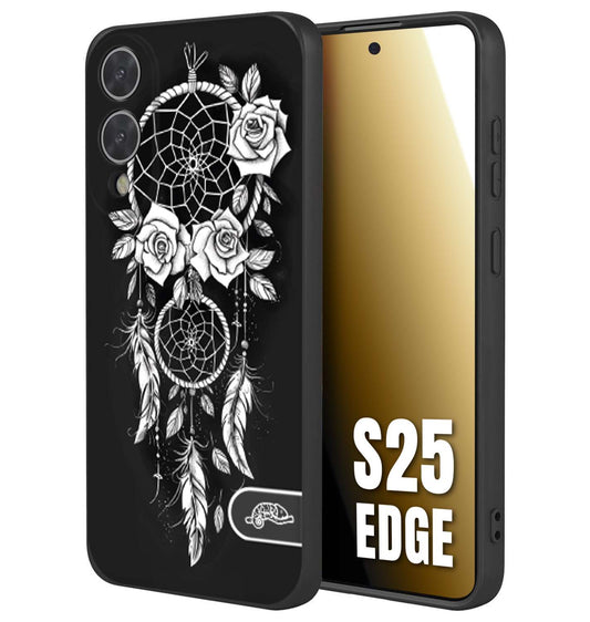CUSTOMIZZA - Custodia cover nera morbida in tpu compatibile per Samsung S25 EDGE acchiappasogni dreamcatcher black and white bianco a rilievo disegnato tattoo tatuaggio