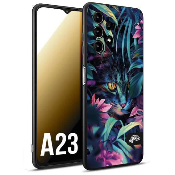 CUSTOMIZZA - Custodia cover nera morbida in tpu compatibile per Samsung A23 animali color giungla tropicale occhio di gatto colori vibranti disegnato