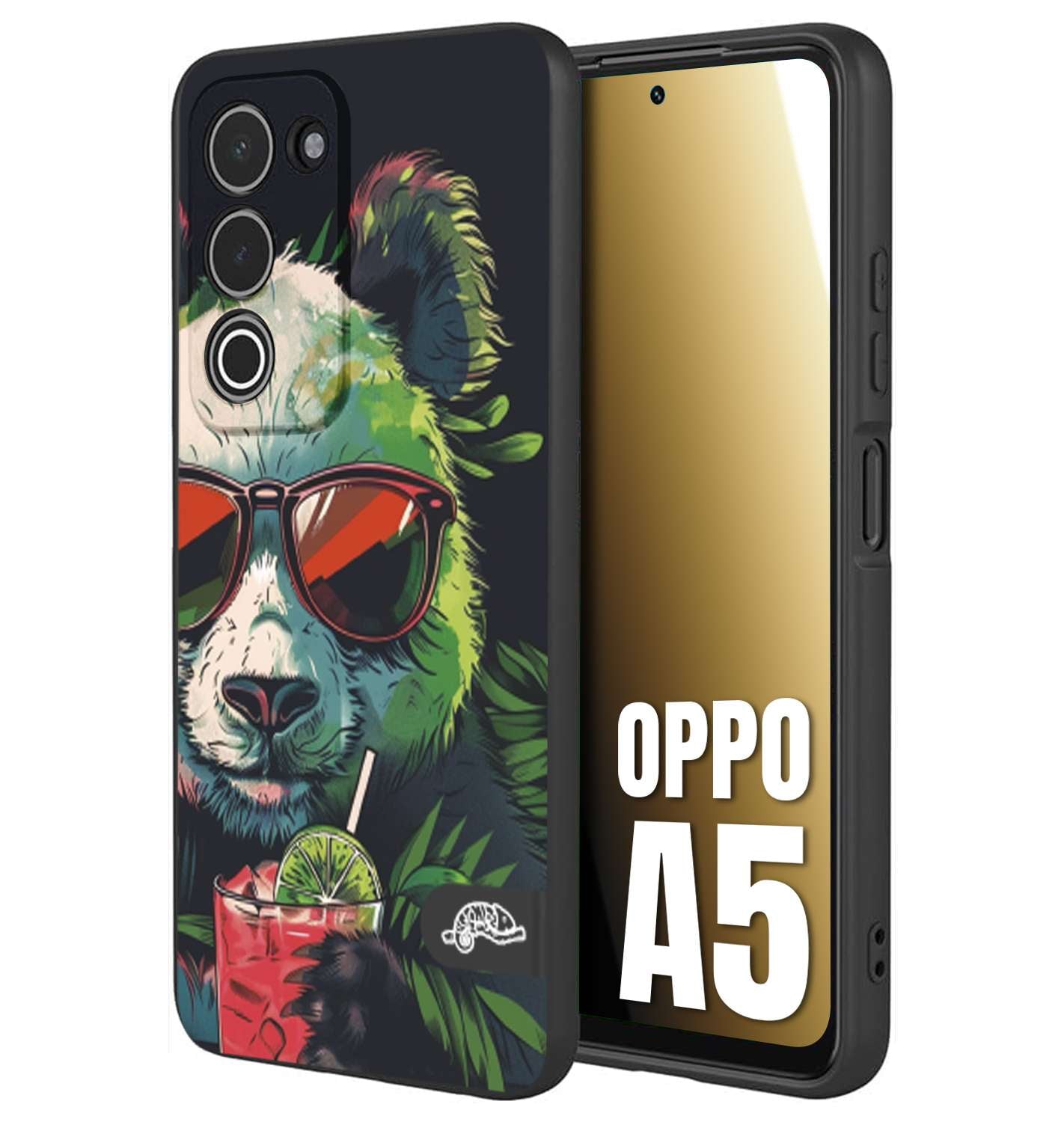 CUSTOMIZZA - Custodia cover nera morbida in tpu compatibile per Oppo A5 estate disegnata cocktails animali simpatici panda mojito