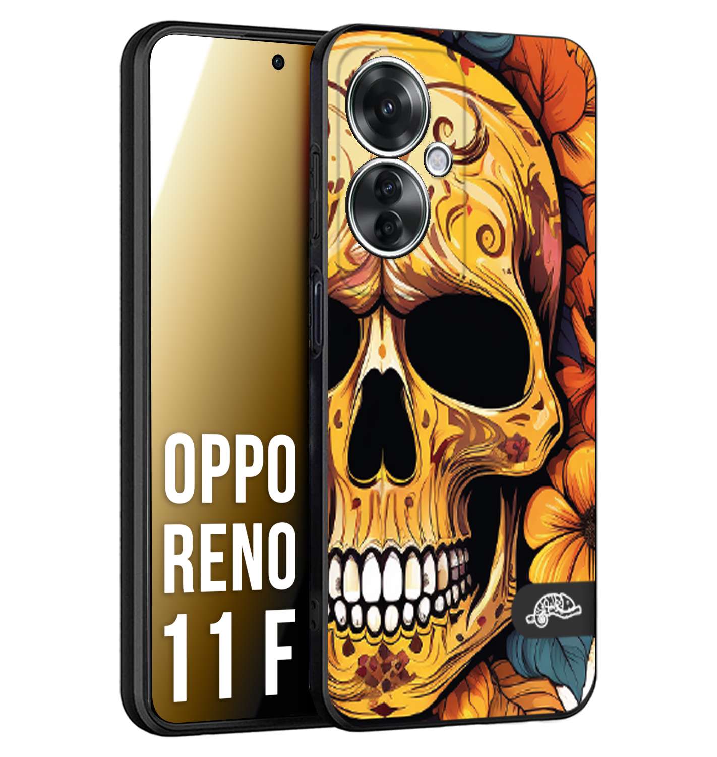 CUSTOMIZZA - Custodia cover nera morbida in tpu compatibile per Oppo Reno 11 F 5G teschio messicano colorato dorato fiori autunnali disegnato