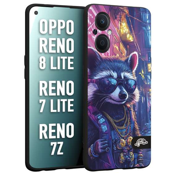 CUSTOMIZZA - Custodia cover nera morbida in tpu compatibile per Oppo Reno 7 Lite - 8 Lite - 7Z animali simpatici cyberpunk procione racoon street cat fucsia blu giallo