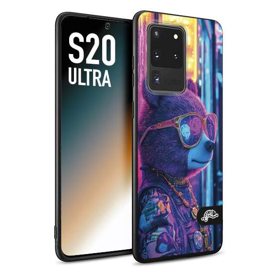 CUSTOMIZZA - Custodia cover nera morbida in tpu compatibile per Samsung S20 ULTRA animali cyberpunk orsetto orso street bear fucsia blu night