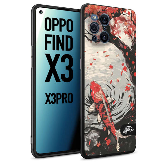 CUSTOMIZZA - Custodia cover nera morbida in tpu compatibile per Oppo Find X3 - Find X3 Pro 5G giapponese lago carpa koi rossa con foglie d'acero rosso disegnata tattoo