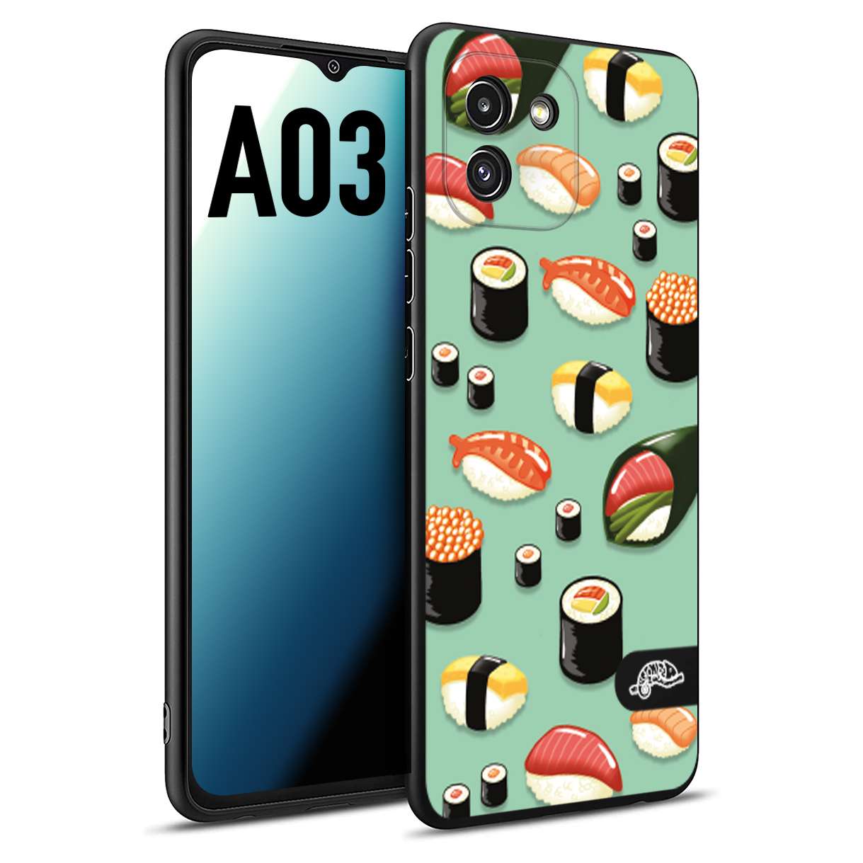 CUSTOMIZZA - Custodia cover nera morbida in tpu compatibile per Samsung A03 sushi disegni giapponese nighiri acquamarina verde