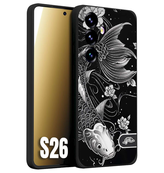CUSTOMIZZA - Custodia cover nera morbida in tpu compatibile per Samsung S26 carpa koi black and white bianco a rilievo disegnato tattoo tatuaggio