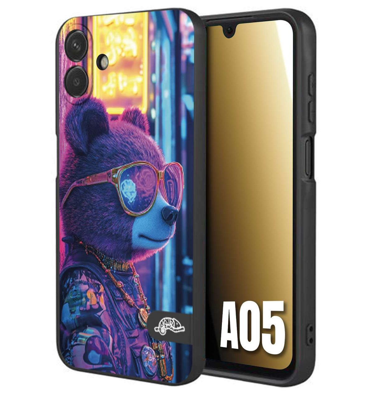CUSTOMIZZA - Custodia cover nera morbida in tpu compatibile per Samsung A05 animali cyberpunk orsetto orso street bear fucsia blu night