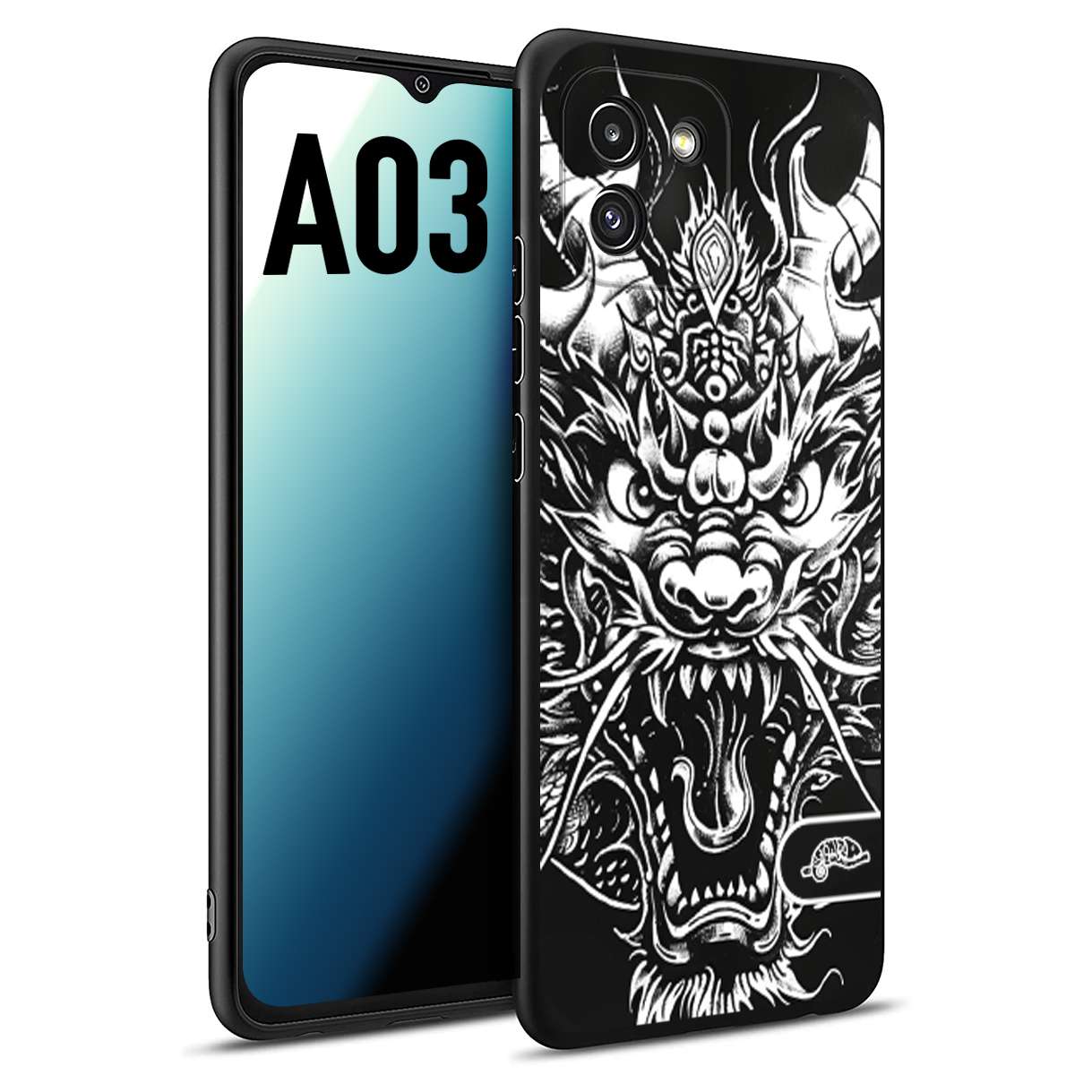 CUSTOMIZZA - Custodia cover nera morbida in tpu compatibile per Samsung A03 drago black and white bianco a rilievo disegnato tattoo tatuaggio