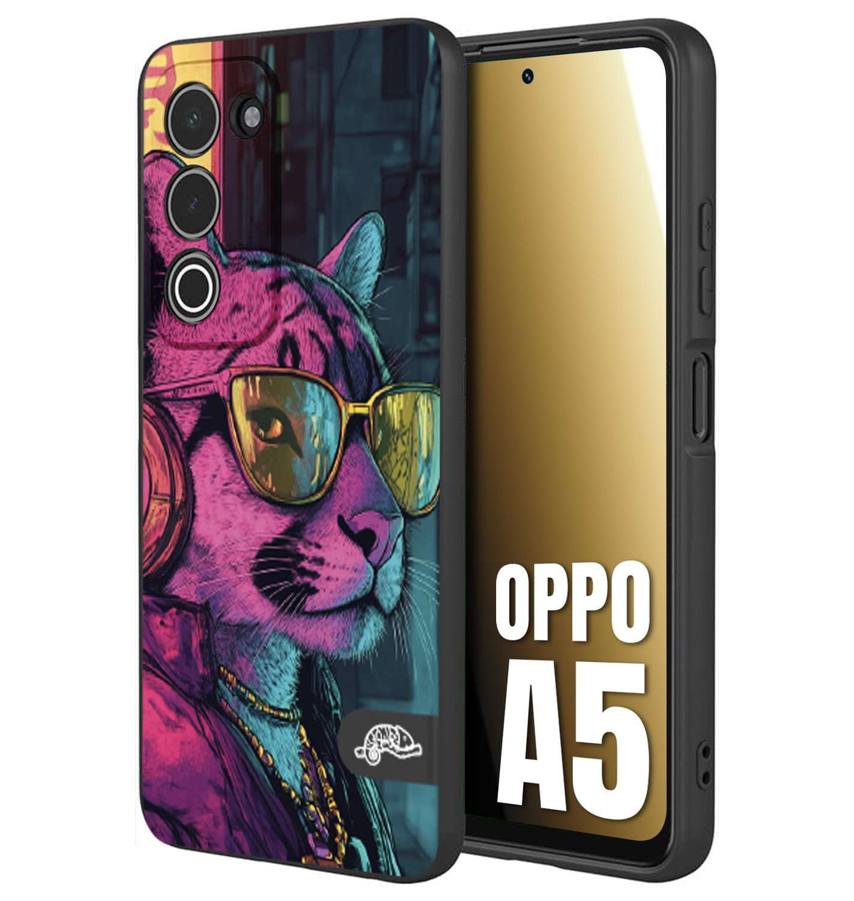 CUSTOMIZZA - Custodia cover nera morbida in tpu compatibile per Oppo A5 animali cyberpunk pantera street cat fucsia blu giallo