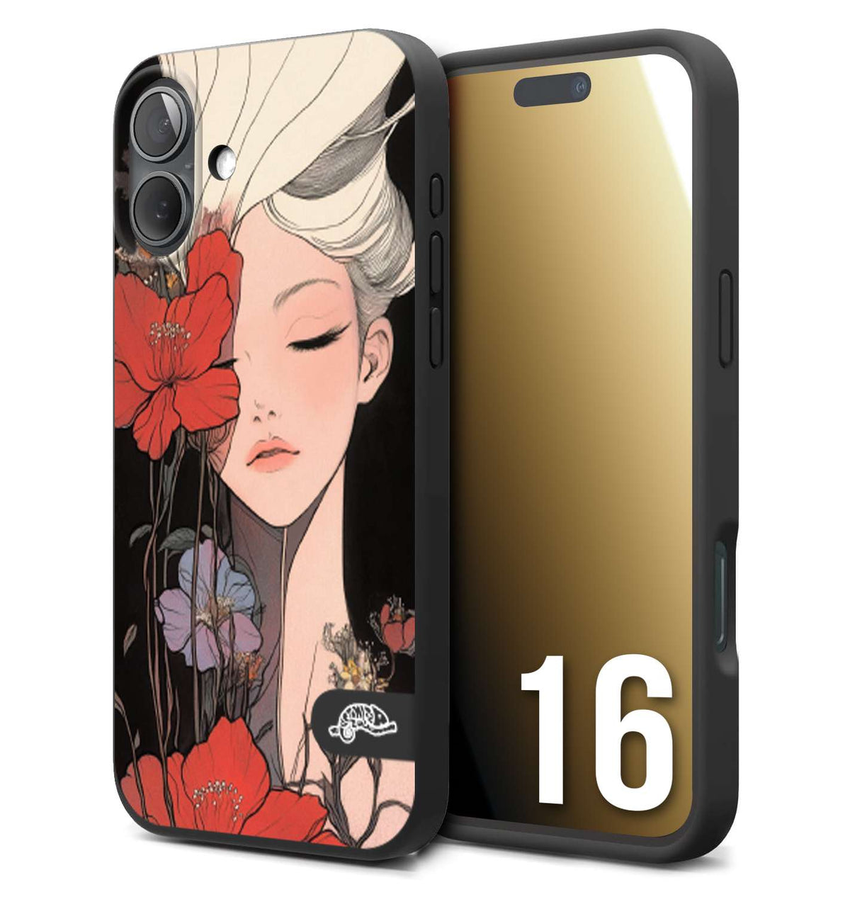 CUSTOMIZZA - Custodia cover nera morbida in tpu compatibile per iPhone 16 woman flower Fantasia Floreale Design Donna e Fiori, Retro Artistico