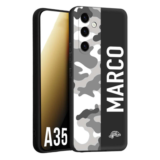 CUSTOMIZZA - Custodia cover nera morbida in tpu compatibile per Samsung A35 5G camouflage mimetico militare personalizzata nome bianco