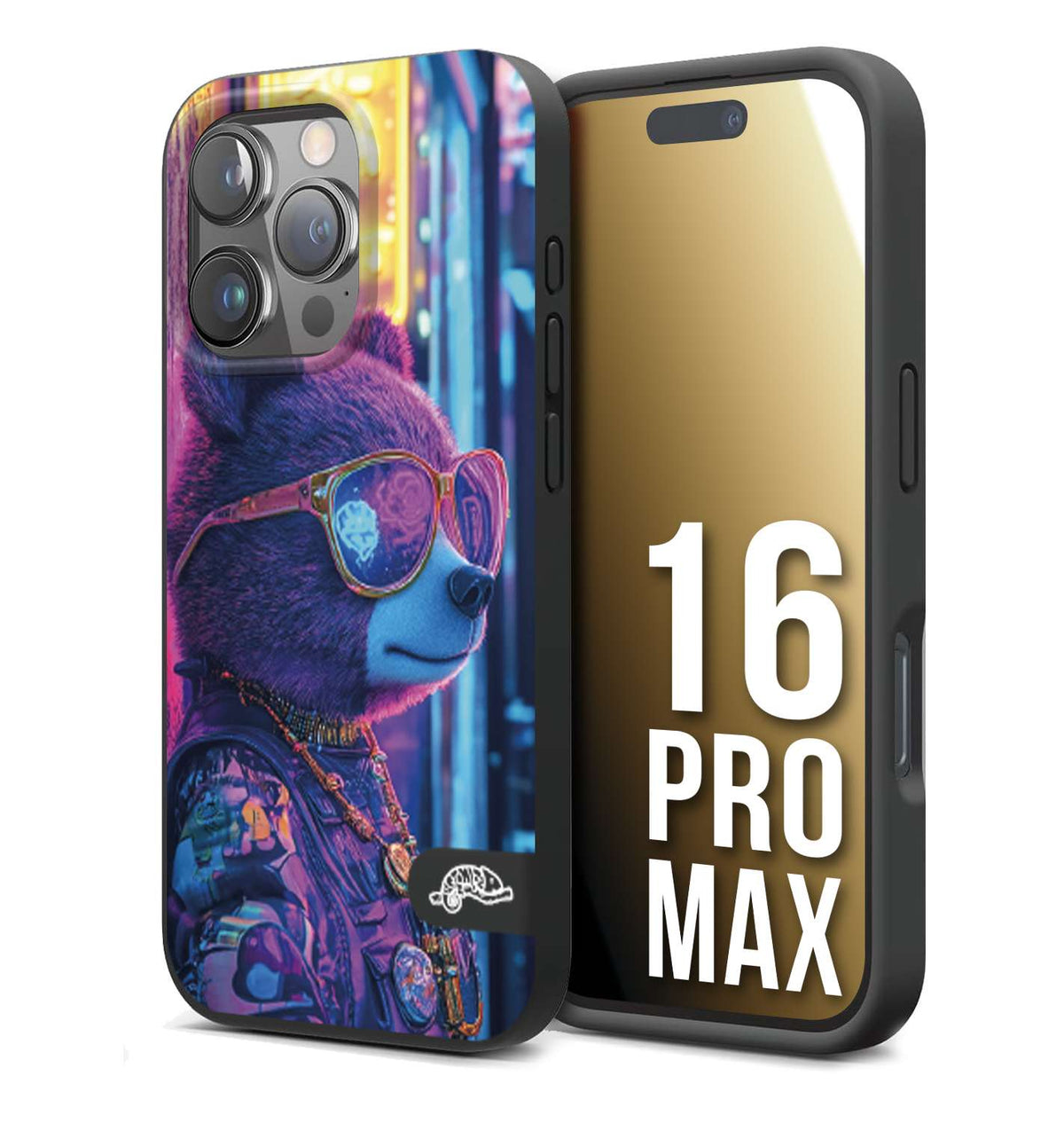 CUSTOMIZZA - Custodia cover nera morbida in tpu compatibile per iPhone 16 PRO MAX animali cyberpunk orsetto orso street bear fucsia blu night