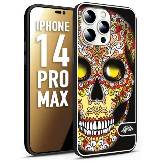 CUSTOMIZZA - Custodia cover nera morbida in tpu compatibile per iPhone 14 PRO MAX teschio messicano Mexican skull giallo rosso arancio