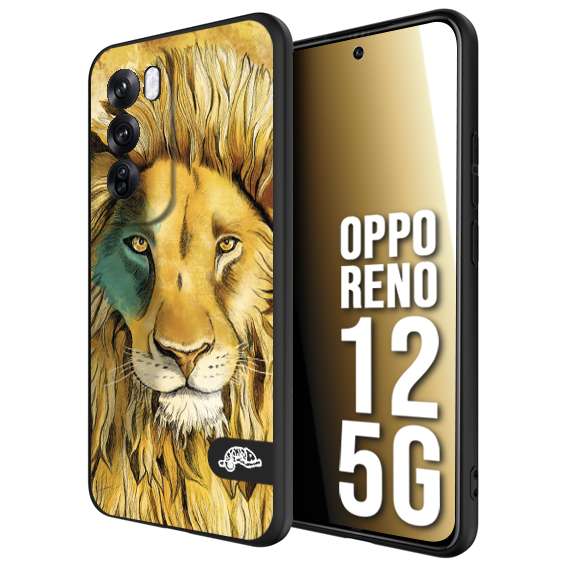 CUSTOMIZZA - Custodia cover nera morbida in tpu compatibile per Oppo Reno 12 5G leone lion disegnato a mano giallo blu a rilievo artistico brown