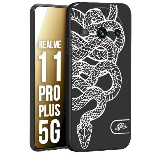CUSTOMIZZA - Custodia cover nera morbida in tpu compatibile per Oppo Realme 11 PRO PLUS 5G serpente snake bianco a rilievo disegnato tattoo tatuaggio