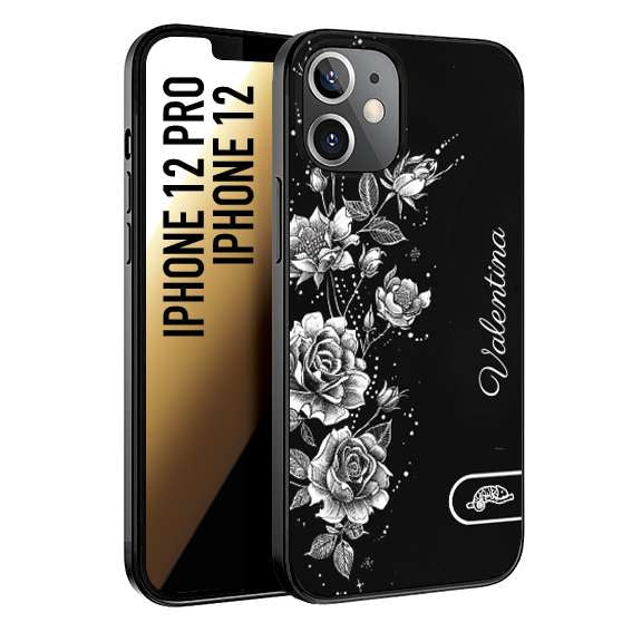 CUSTOMIZZA - Custodia cover nera morbida in tpu compatibile per iPhone 12 - 12 PRO a rilievo soft touch personalizzata nome rose fiori donna