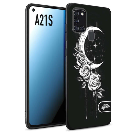 CUSTOMIZZA - Custodia cover nera morbida in tpu compatibile per Samsung A21S luna e fiori moon flowers black and white bianco a rilievo disegnato