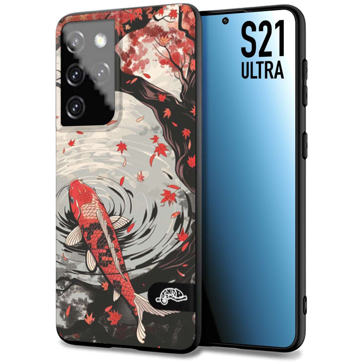 CUSTOMIZZA - Custodia cover nera morbida in tpu compatibile per Samsung S21 ULTRA giapponese lago carpa koi rossa con foglie d'acero rosso disegnata tattoo