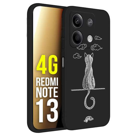 CUSTOMIZZA - Custodia cover nera morbida in tpu compatibile per Xiaomi Redmi Note 13 4G gatto mandala stilizzato gattino a rilievo soft touch donna bianca