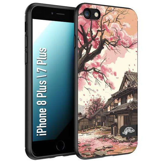 CUSTOMIZZA - Custodia cover nera morbida in tpu compatibile per iPhone 7 Plus - 8 plus casa giapponese rosa ciliegio in fiore disegnata tattoo