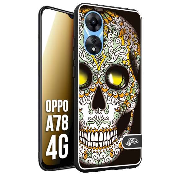 CUSTOMIZZA - Custodia cover nera morbida in tpu compatibile per Oppo A78 4G teschio messicano Mexican skull bianco verde giallo