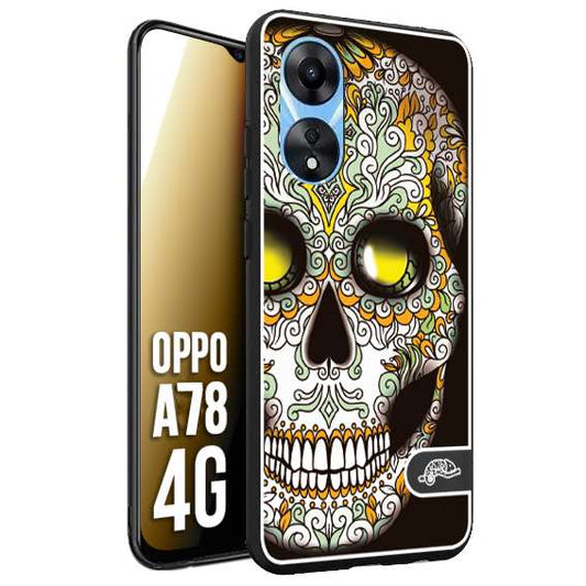 CUSTOMIZZA - Custodia cover nera morbida in tpu compatibile per Oppo A78 4G teschio messicano Mexican skull bianco verde giallo