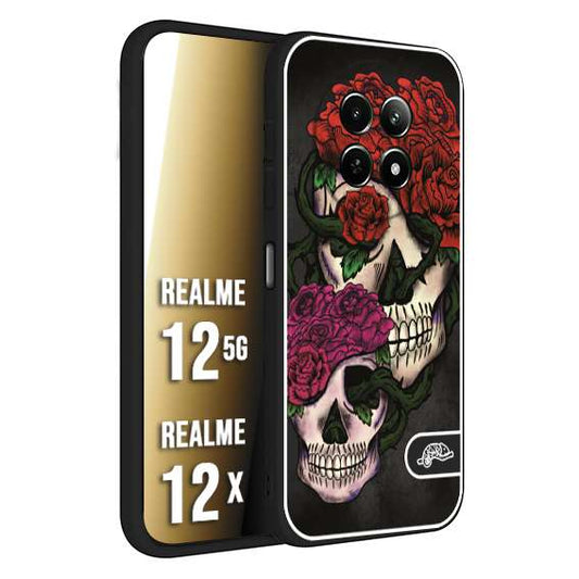 CUSTOMIZZA - Custodia cover nera morbida in tpu compatibile per Realme 12 5G - 12X teschi e rose rosse fucsia skull and roses
