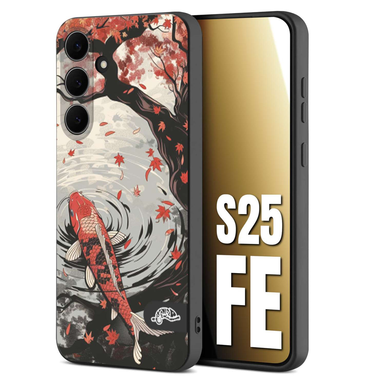 CUSTOMIZZA - Custodia cover nera morbida in tpu compatibile per Samsung S25 FE giapponese lago carpa koi rossa con foglie d'acero rosso disegnata tattoo