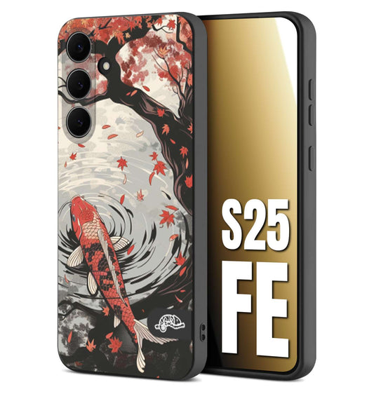 CUSTOMIZZA - Custodia cover nera morbida in tpu compatibile per Samsung S25 FE giapponese lago carpa koi rossa con foglie d'acero rosso disegnata tattoo