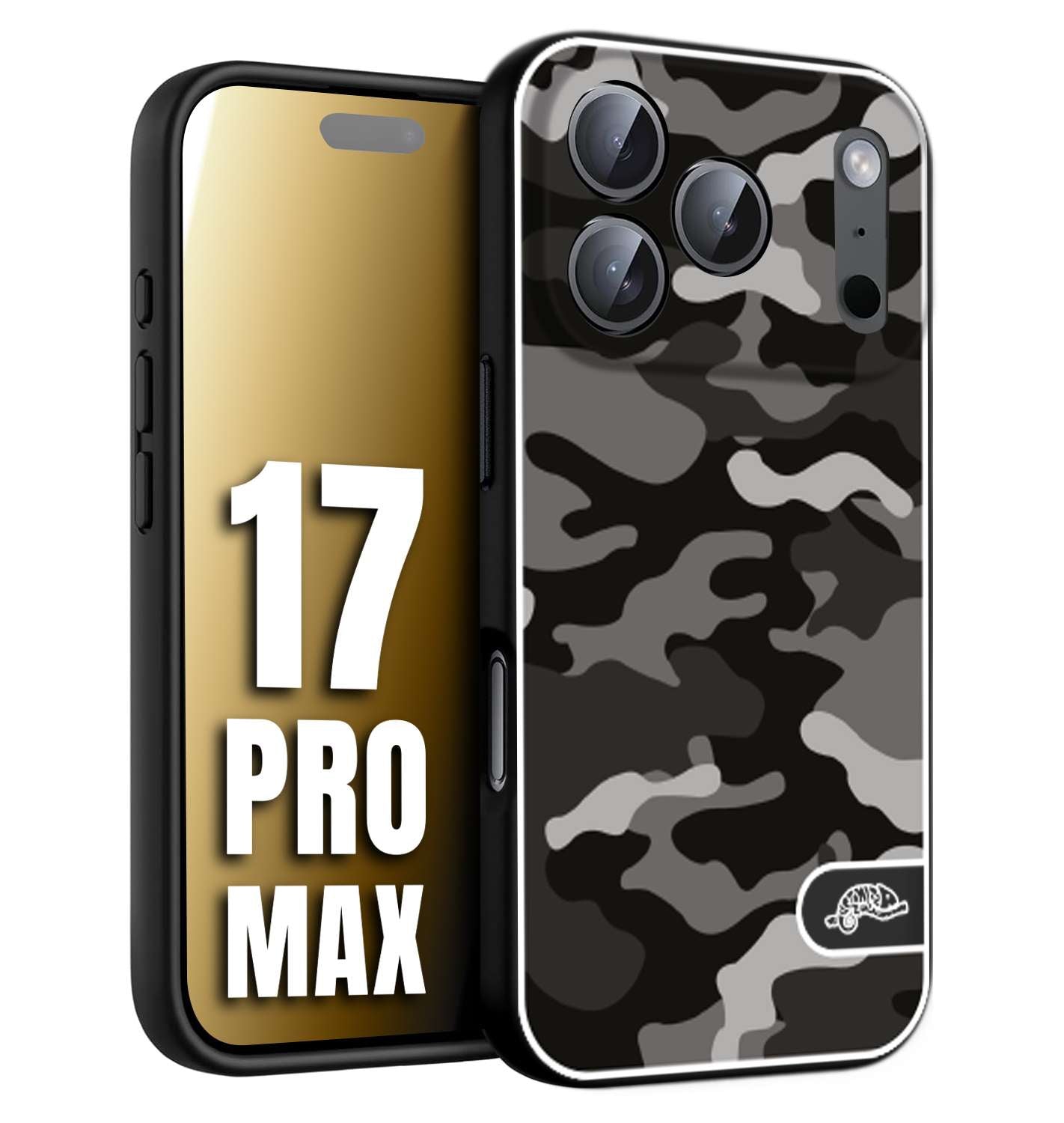 CUSTOMIZZA - Custodia cover nera morbida in tpu compatibile per iPhone 17 PRO MAX camouflage mimetico militare nero black grigio