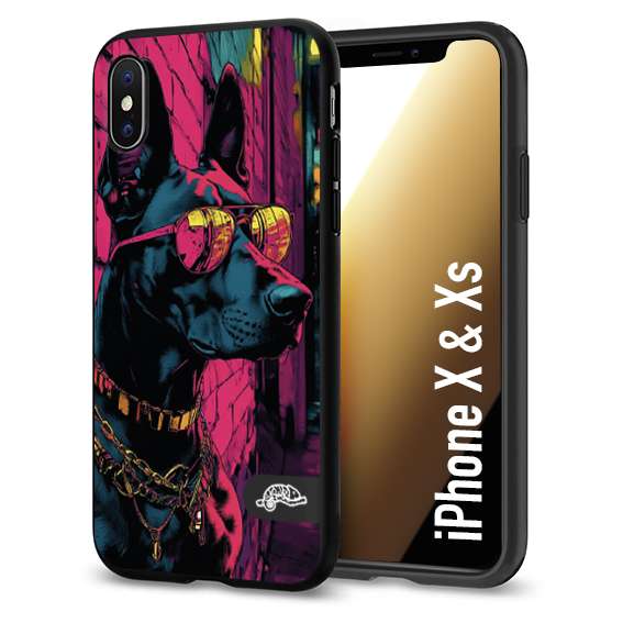 CUSTOMIZZA - Custodia cover nera morbida in tpu compatibile per iPhone X - Xs animali cyberpunk dobermann cane street dog fucsia blu