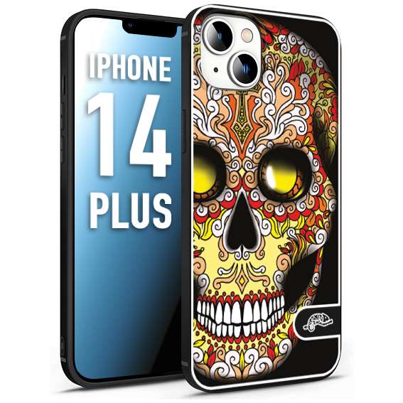 CUSTOMIZZA - Custodia cover nera morbida in tpu compatibile per iPhone 14 PLUS teschio messicano Mexican skull giallo rosso arancio