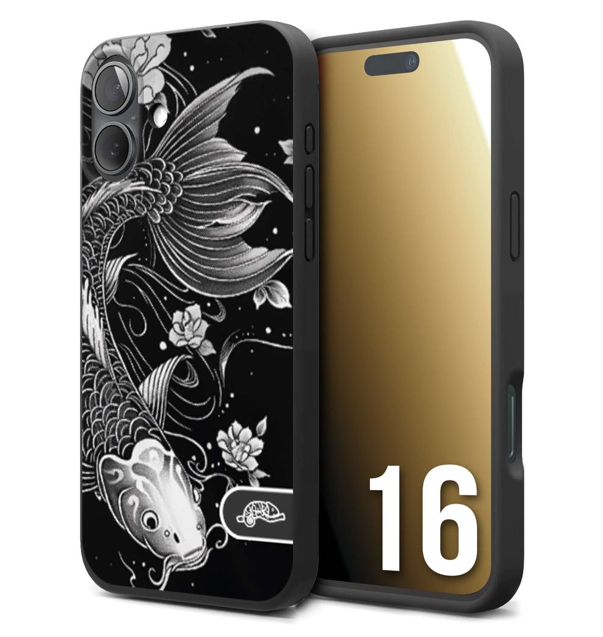 CUSTOMIZZA - Custodia cover nera morbida in tpu compatibile per iPhone 16 carpa koi black and white bianco a rilievo disegnato tattoo tatuaggio